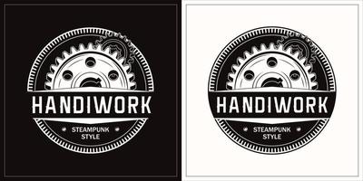 Monochrome vintage label with copper gear wheels and text. Emblem for handmade goods. Steampunk style. vector
