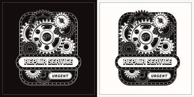 etiqueta rectangular vintage con engranajes negros y blancos, riel metálico, remaches, espacio horizontal para texto. emblema monocromático para el servicio de reparación al estilo steampunk. vector