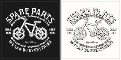 Black and white label, badge, emblem for repair bicycle service in vintage steampunk style. Label made with gears, metal rails, rivets, bike chain. Vector illustration, t shirt design.