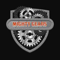 Vintage label in the shape of crest with black, silver steel gears, metal rail, rivets, horizontal space for text. Emblem for repair service in steampunk style. vector