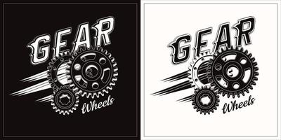 Monochrome vintage label with gear wheels and text. Emblem in steampunk style. Dynamic motion of gears. Good for craft design. vector