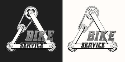 Vintage triangle label with silver steel gears, metal rails, rivets, text. Monochrome emblem for repair bike service in vintage steampunk style. Good for craft design. vector