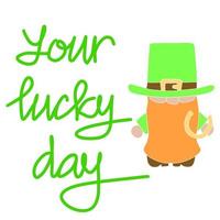 Leprechaun with horseshoe card. Your lucky day banner. Vector illustration.