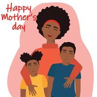 African American mother with children. Woman with boy and girl, son and daughter. Happy Mother's Day card. Vector illustration.