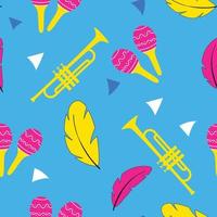 Seamless carnival pattern or festival with trumpets, maracas, feathers and confetti. vector