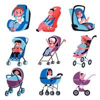 bebés en cochecitos de bebé y sillas de coche para niños vector