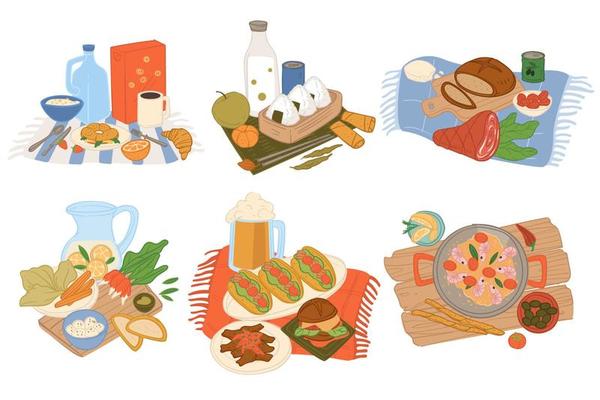 Served food, meals of different countries and type