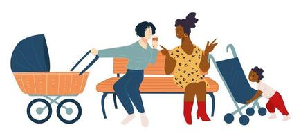 Women with kids talking sitting on bench in park vector