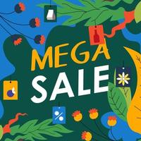 Mega sale promotional banner with leaves foliage vector