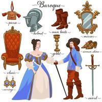 Baroque characters and objects, culture and style vector