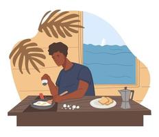 Male character cooking, frying eggs at home vector