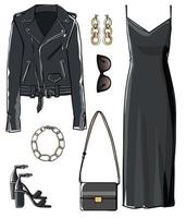 Total black look of dress and coat accessories vector