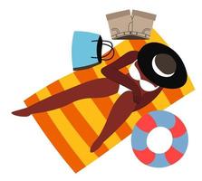 Lady sunbathing and resting by seaside at blanket vector