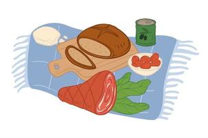 Rustic served meal, bread and meat on blanket vector