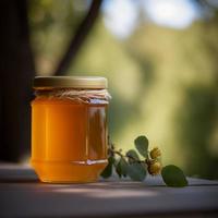 honey on jar on wood table background illustration images 3d render ai generated photo