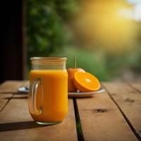 glass of orange juice on wood table background illustration images 3d render ai generated photo