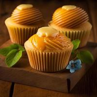 cupcakes de caramelo de miel con crema en imágenes de ilustración de mesa de madera ai generado foto