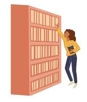 mujer buscando un libro en la biblioteca de la librería vector