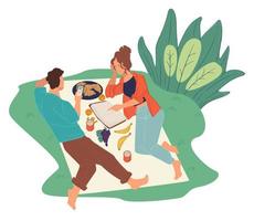 Couple on picnic reading book and browsing web vector