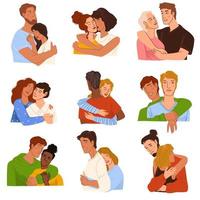 Couples and friends hugging, people in love vector