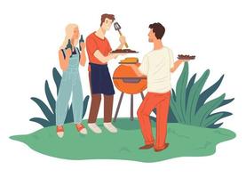 Friends grilling meat, barbeque weekends and fun vector