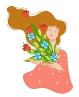 Smiling young woman holding flowers bouquet vector