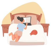 Female character browsing web on laptop in bed