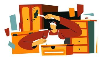 Carpenter making wooden furniture by hands vector