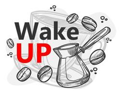 Wake up, coffee shop, cafe or restaurant label vector