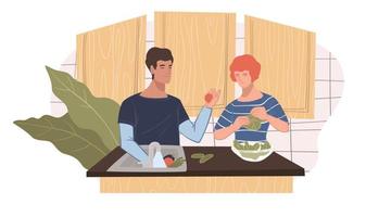 Man and woman couple cooking at home together vector