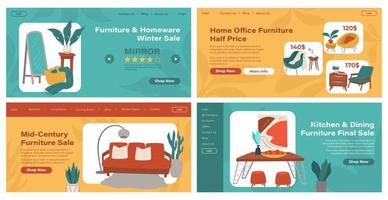 venta de muebles, conjunto de páginas web de elementos interiores vector