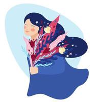 personaje femenino feliz con ramo de flores vector