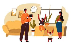 Family spending time at home, man taking photo vector