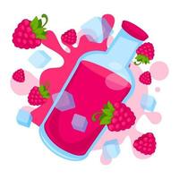 Raspberry smoothie juice in glass bottle with ice vector