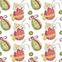 Easter bunny sitting on decorated egg pattern vector