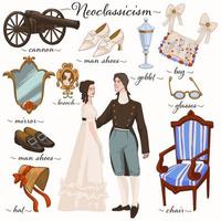 Neoclassicism age, characters and culture objects vector