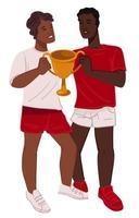 Man and woman holding trophy, competition victory vector