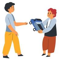 Kid sharing car toy to brother or friend in school vector