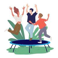 Adult friends jumping on trampoline, fun weekends vector
