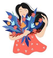 mujer asiática con ramo de flores en las manos vector