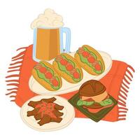 Mexican or american food, taco burger with beer vector