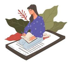 redacción y educación, mujer con cuaderno vector