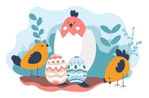 celebración de vacaciones de semana santa, pollo y huevos pintados vector