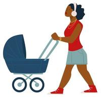 Afro american woman with pram listening music vector