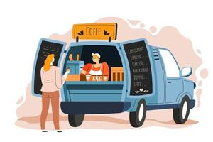 Coffee truck seller and customer at street vector