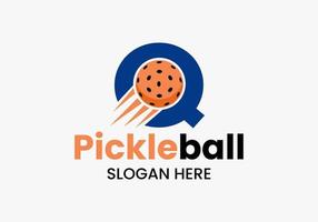 Letter Q Pickleball Logo Concept With Moving Pickleball Symbol. Pickle Ball Logotype Vector Template