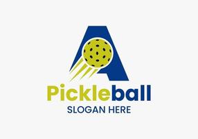 Letter A Pickleball Logo Concept With Moving Pickleball Symbol. Pickle Ball Logotype Vector Template