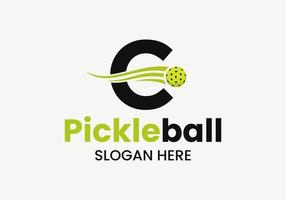 Letter C Pickleball Logo Concept With Moving Pickleball Symbol. Pickle Ball Logotype Vector Template