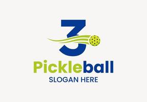 concepto de logotipo de pickleball de letra 3 con símbolo de pickleball en movimiento. plantilla de vector de logotipo de bola de pepinillo