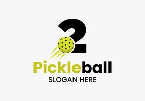 Letter 2 Pickleball Logo Concept With Moving Pickleball Symbol. Pickle Ball Logotype Vector Template